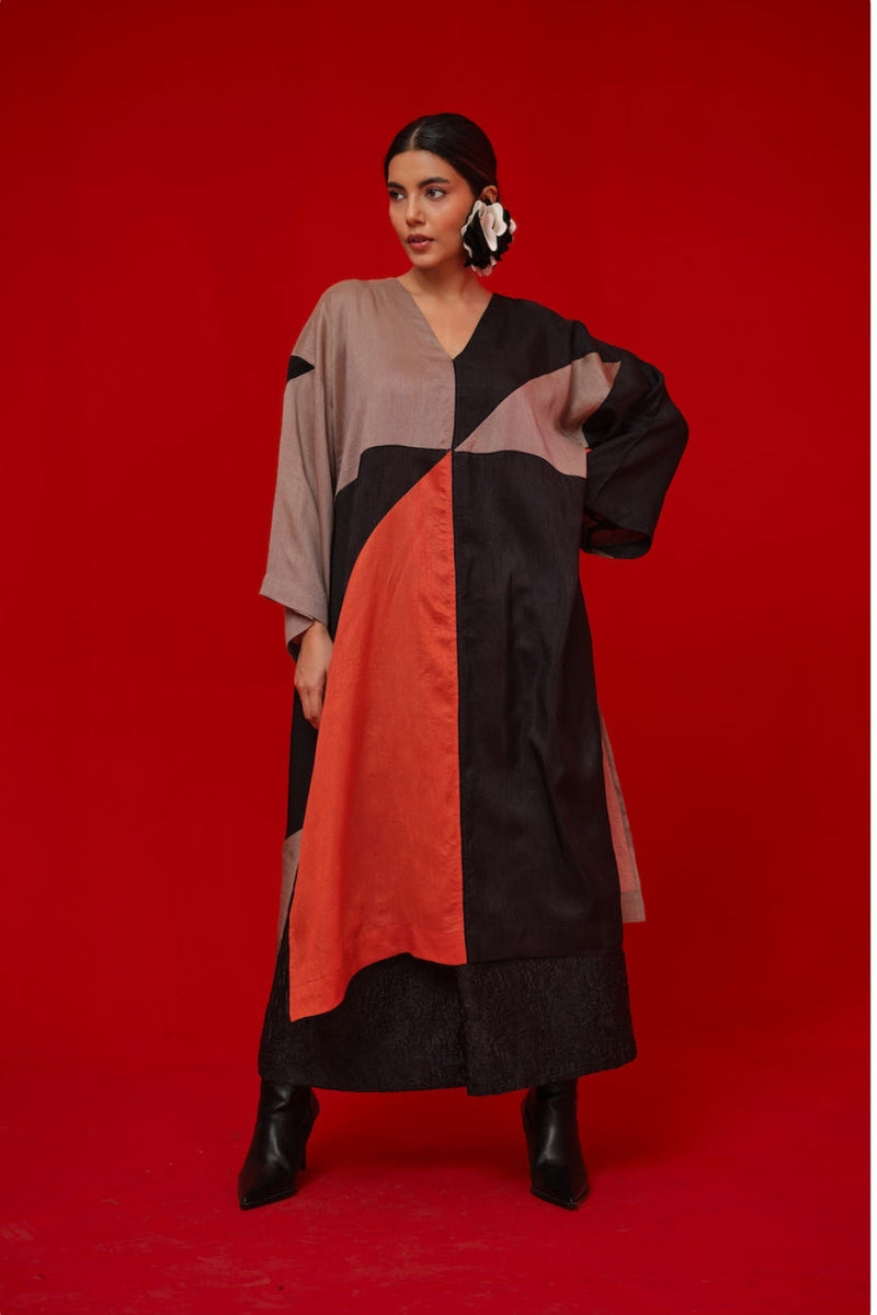 Ponder Tunic-Black + Orange + Grey mysore silk tunics/kaftan by Stoique in black, orange, grey for women in Singapore