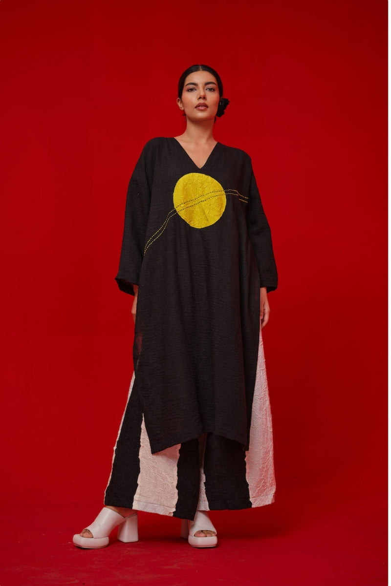 Rock Salt Tunic-Black + Yellow linen tunics/kaftan by Stoique in black, yellow for women in Singapore
