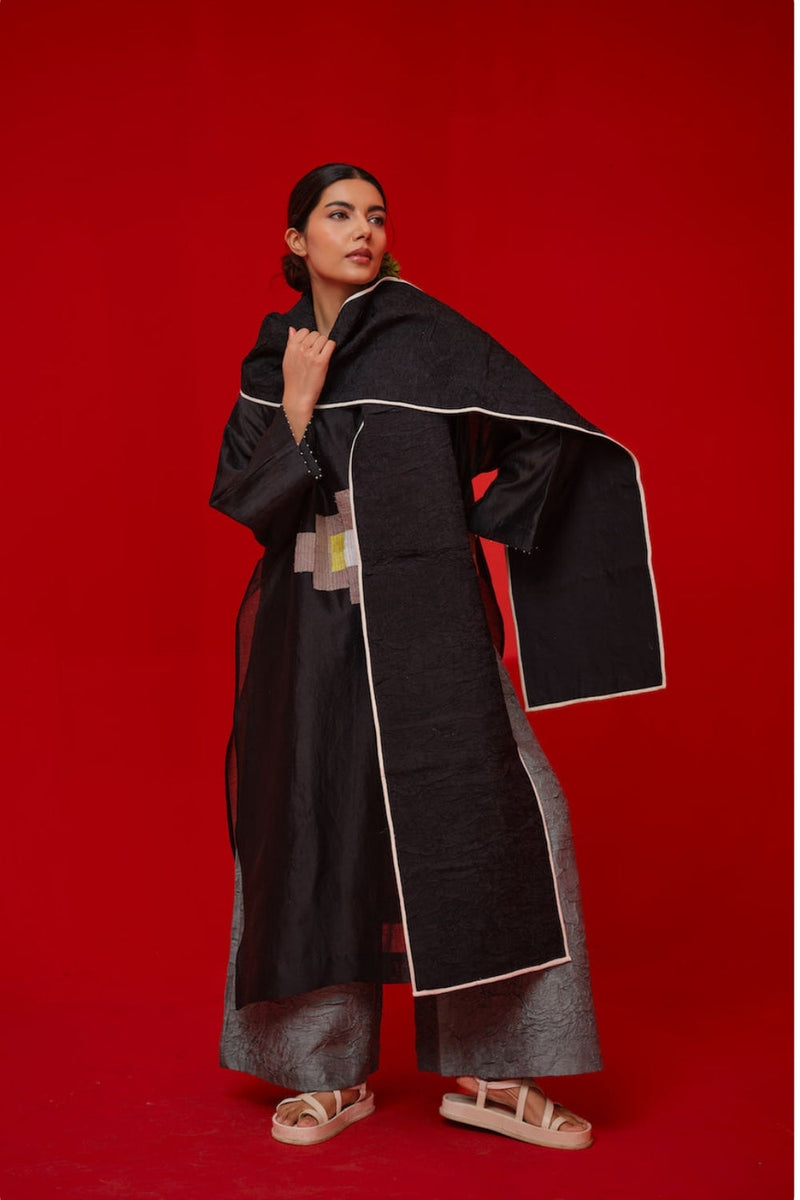 Trace Scarf-Black + Natural crushed silk scarve/stole by Stoique in black, natural for women in Singapore