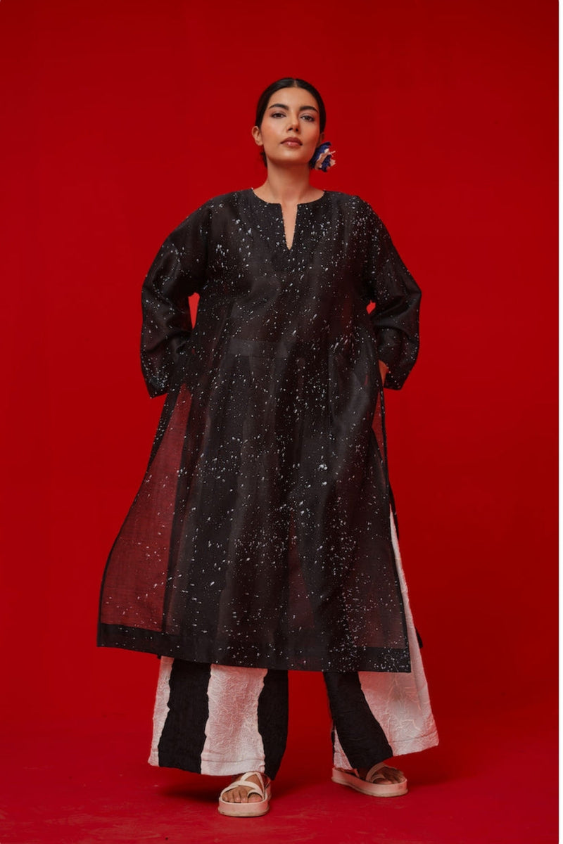Seek Tunic-Black + Natural silk chanderi tunics/kaftan by Stoique in black, natural for women in Singapore
