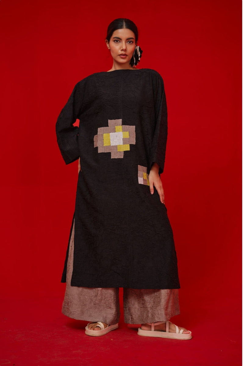 Trace Tunic-Black + Grey silk chanderi tunics/kaftan by Stoique in black, grey for women in Singapore