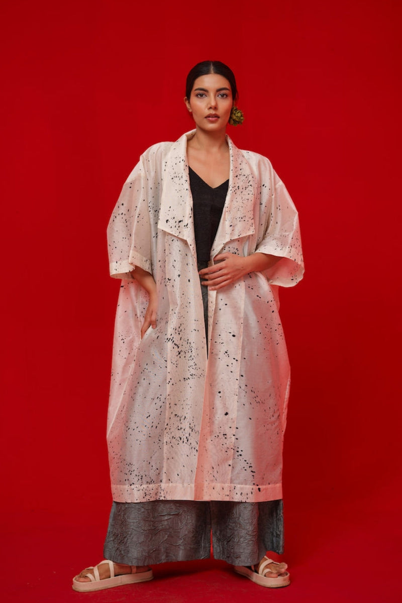 Wander Overlay-Ivory + Black silk chanderi jacktes and overlays by Stoique in ivory, black for women in Singapore