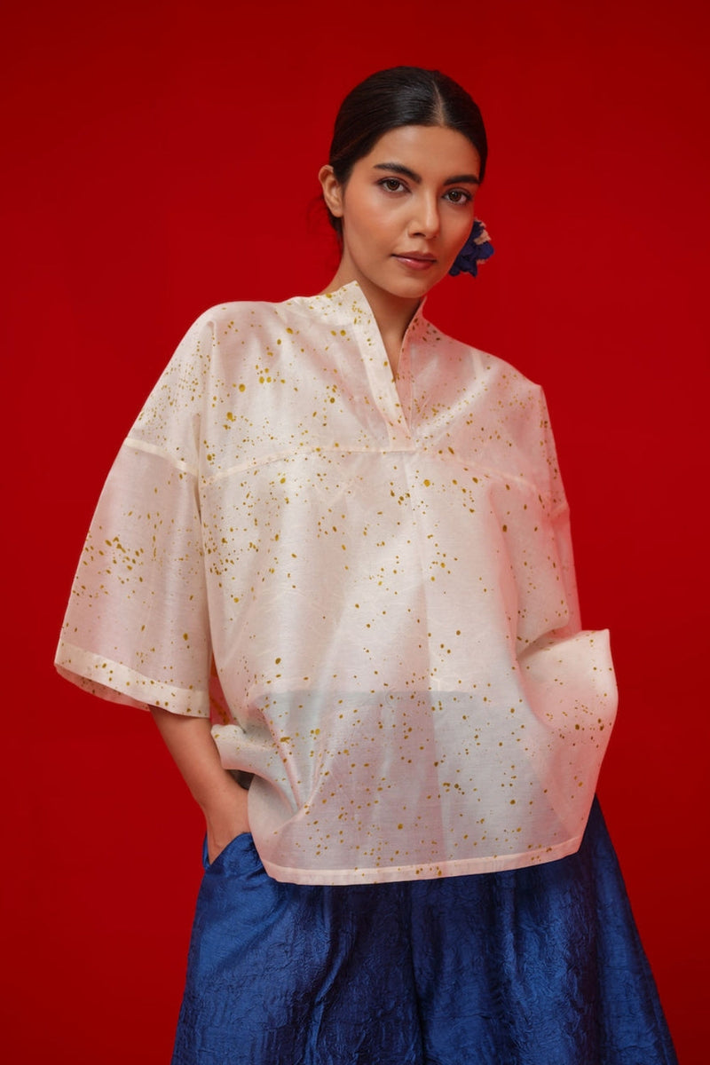 Wander Top-Ivory + Mustard silk chanderi top/shirt by Stoique in ivory, mustard for women in Singapore