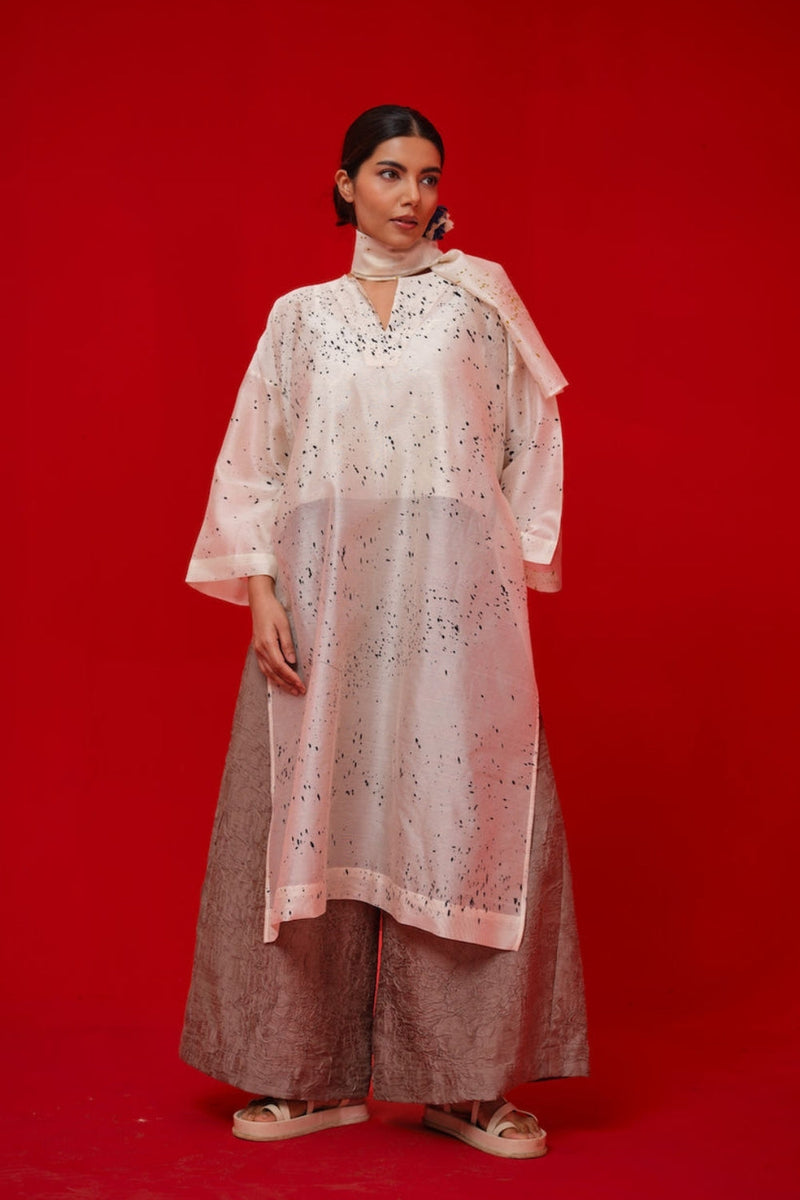 Wander Tunic-Ivory + Black + Mustard silk chanderi tunics/kaftan by Stoique in ivory, black, mustard for women in Singapore