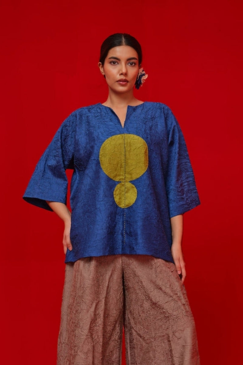 Alley Top-Blue + Leaf green crushed silk top/shirt by Stoique in blue, green for women in Singapore