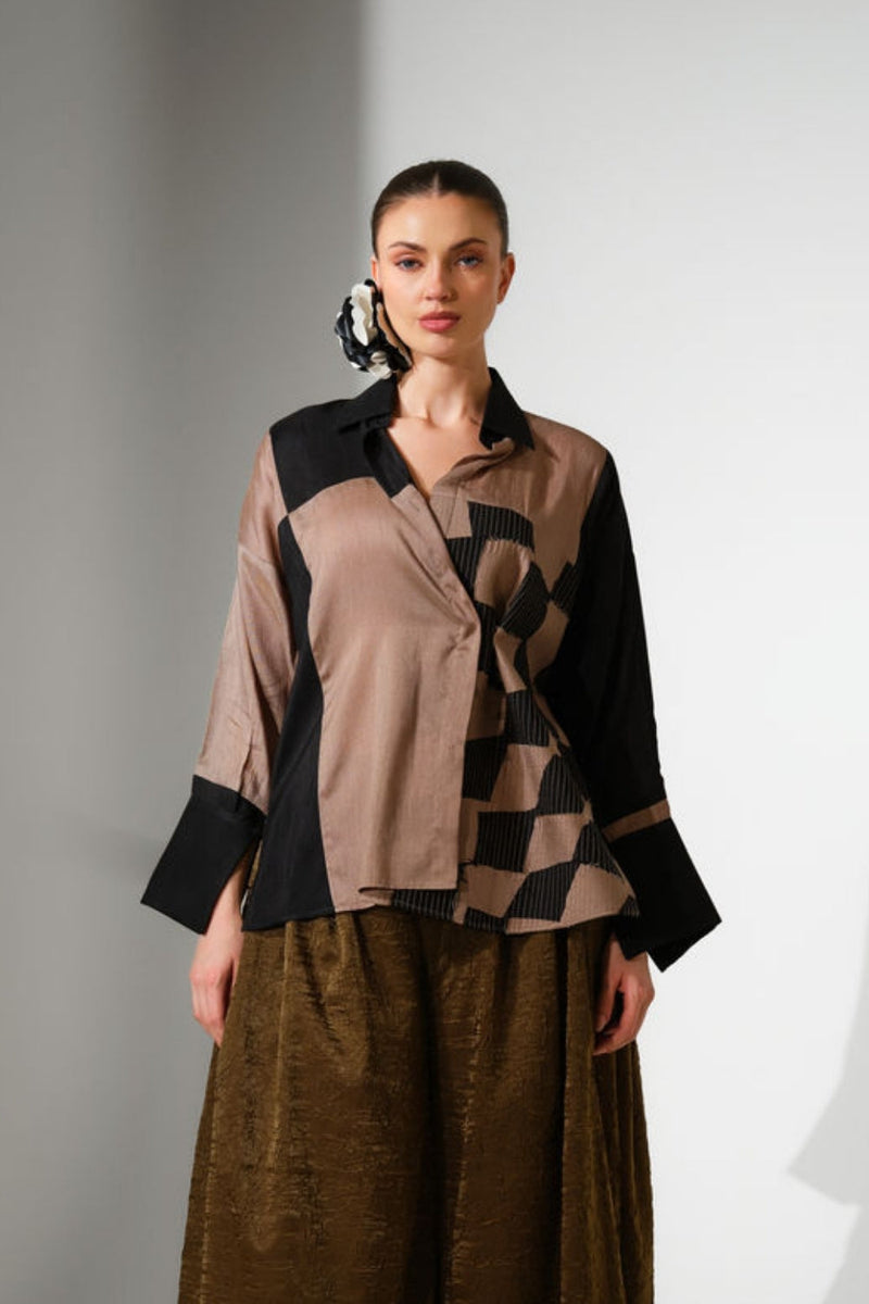 Dew Shirt-Grey + Black mysore silk top/shirt by Stoique in grey, black for women in Singapore