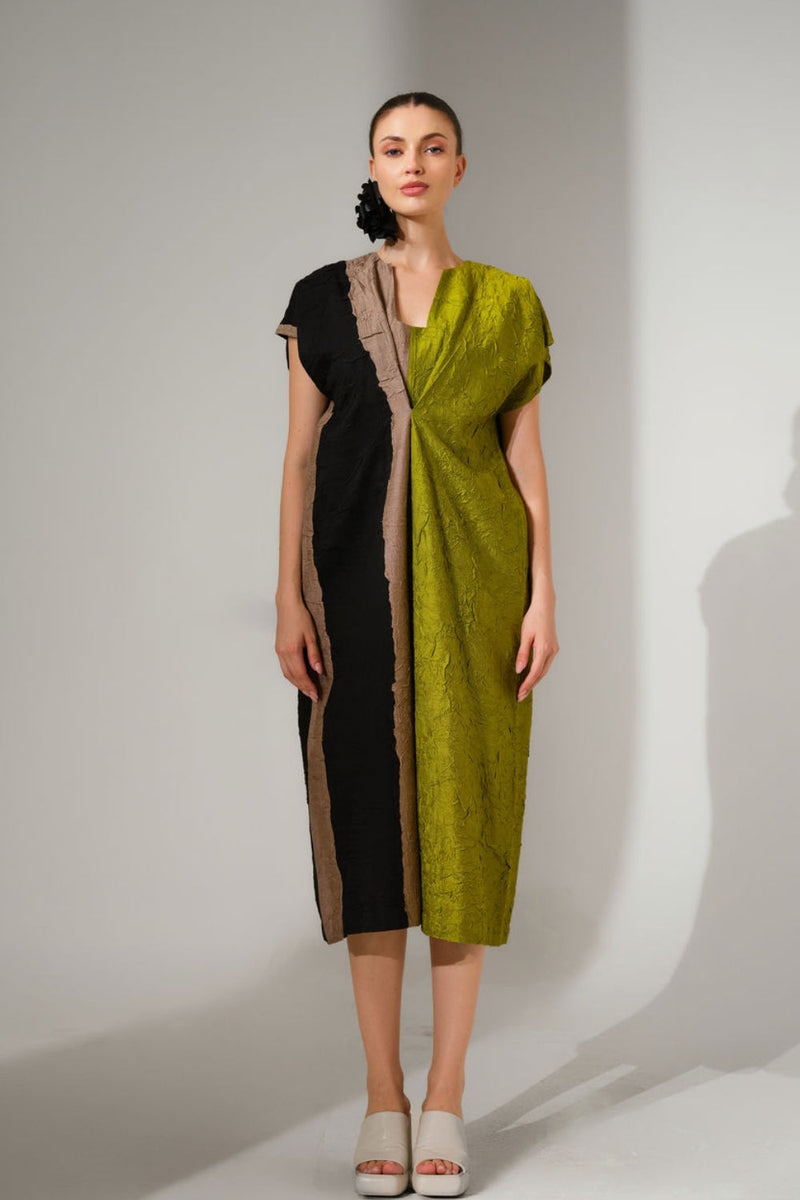 Ripple Dress-Black + Grey + Lime crushed silk dress by Stoique in black, grey, lime for women in Singapore