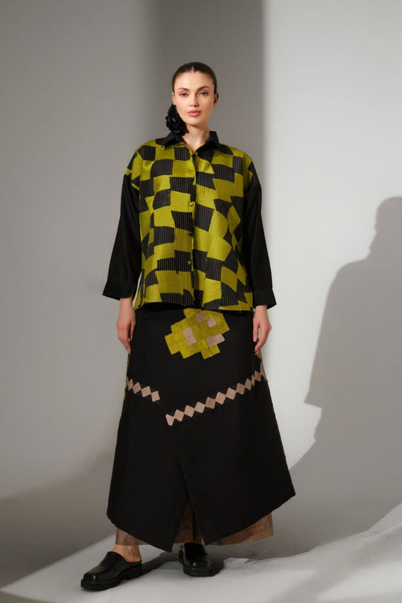 Embrace Skirt-Black + Lime mysore silk skirt by Stoique in black, lime for women in Singapore