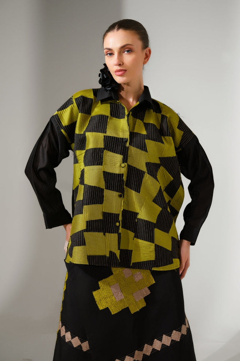 Drift Shirt-Black + Lime silk chanderi top/shirt by Stoique in black, lime for women in Singapore