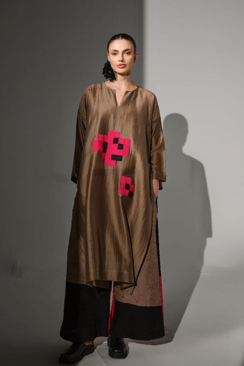 Trace Tunic-Grey + Pink + Black silk chanderi tunics/kaftan by Stoique in grey, pink, black for women in Singapore