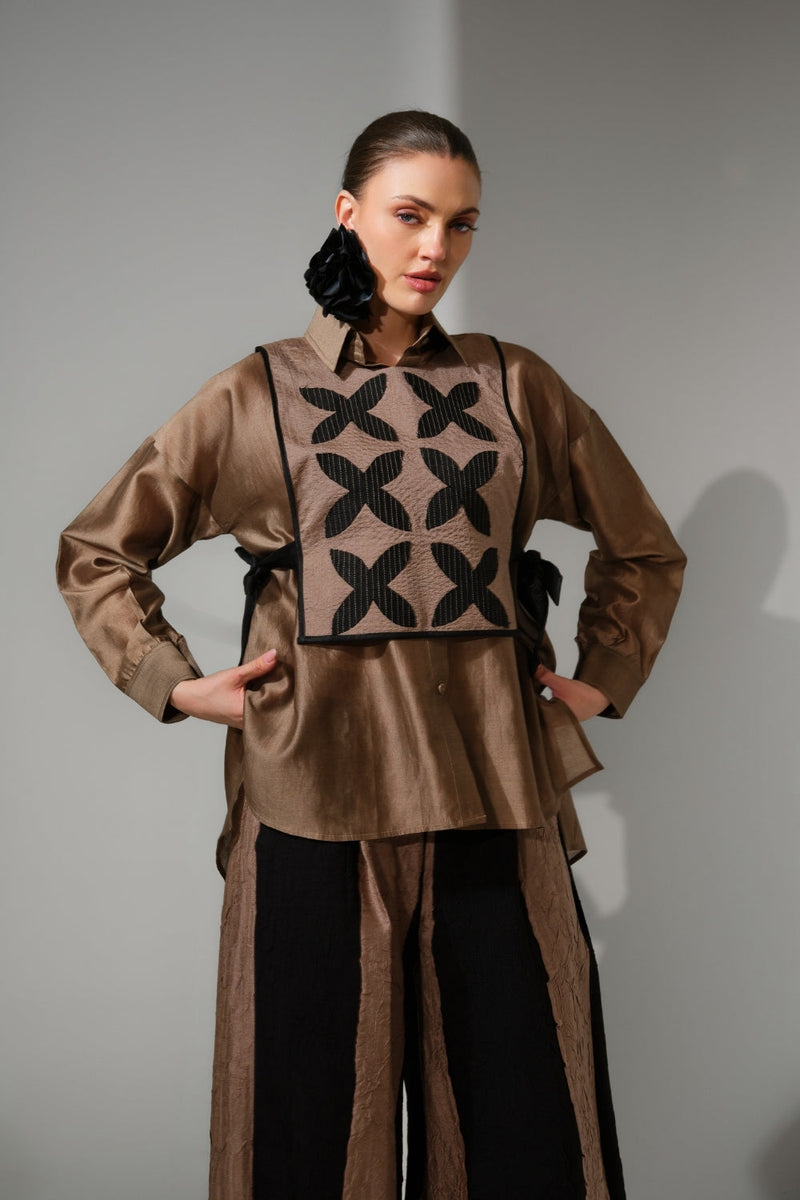 Pebble Shirt-Grey + Black silk chanderi top/shirt by Stoique in grey, black for women in Singapore