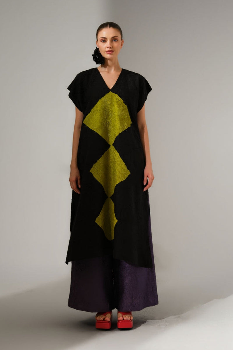 Facet Tunic-Black + Lime crushed silk tunics/kaftan by Stoique in black, lime for women in Singapore