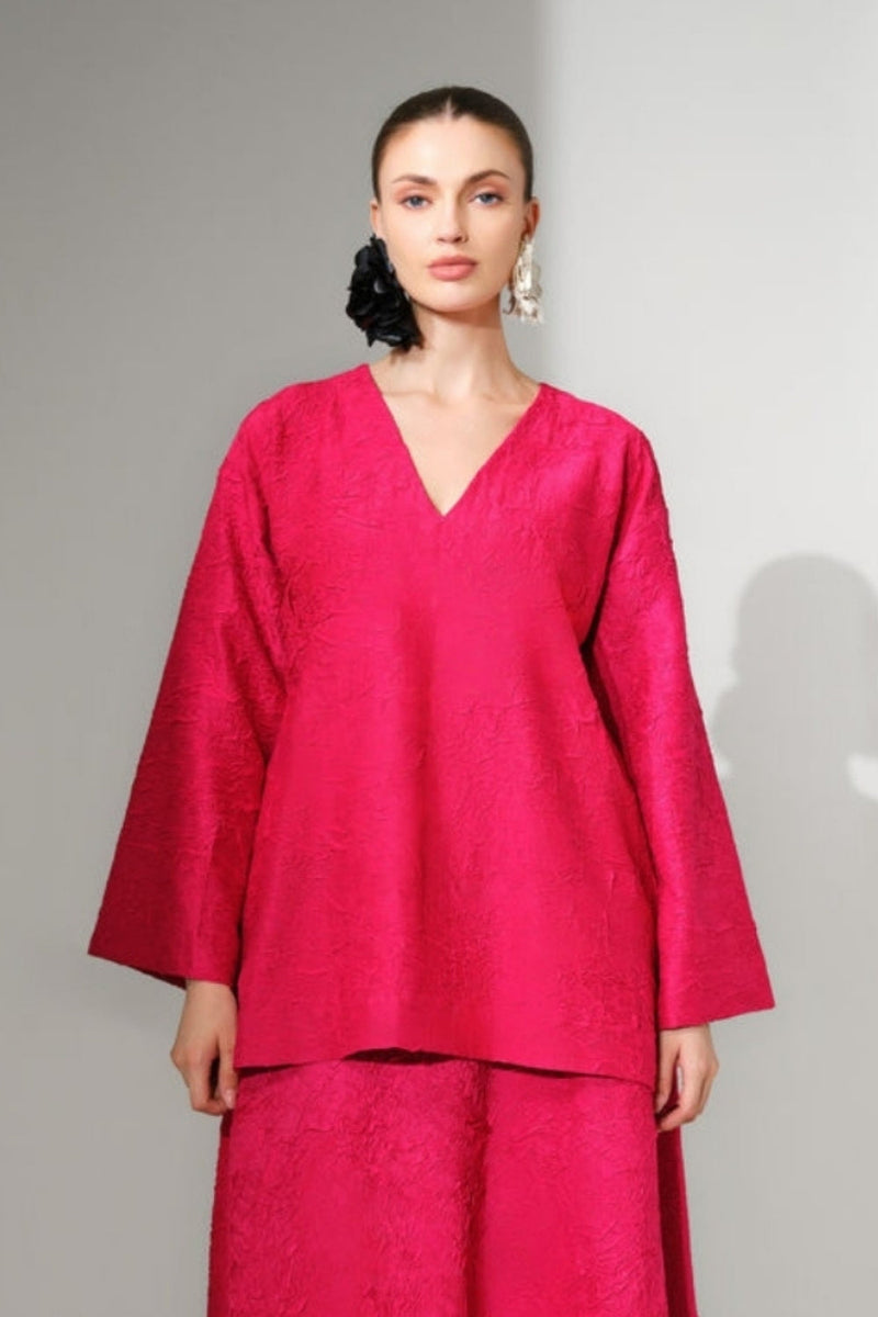 Scarlet Top-Pink crushed silk top/shirt by Stoique in pink for women in Singapore