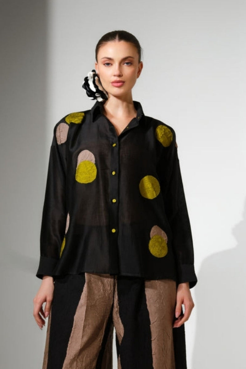Halo Shirt-Black + Lime+ Grey silk chanderi top/shirt by Stoique in black, lime+ grey for women in Singapore