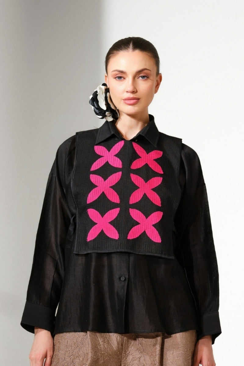 Pebble Shirt-Black + Pink silk chanderi top/shirt by Stoique in black, pink for women in Singapore
