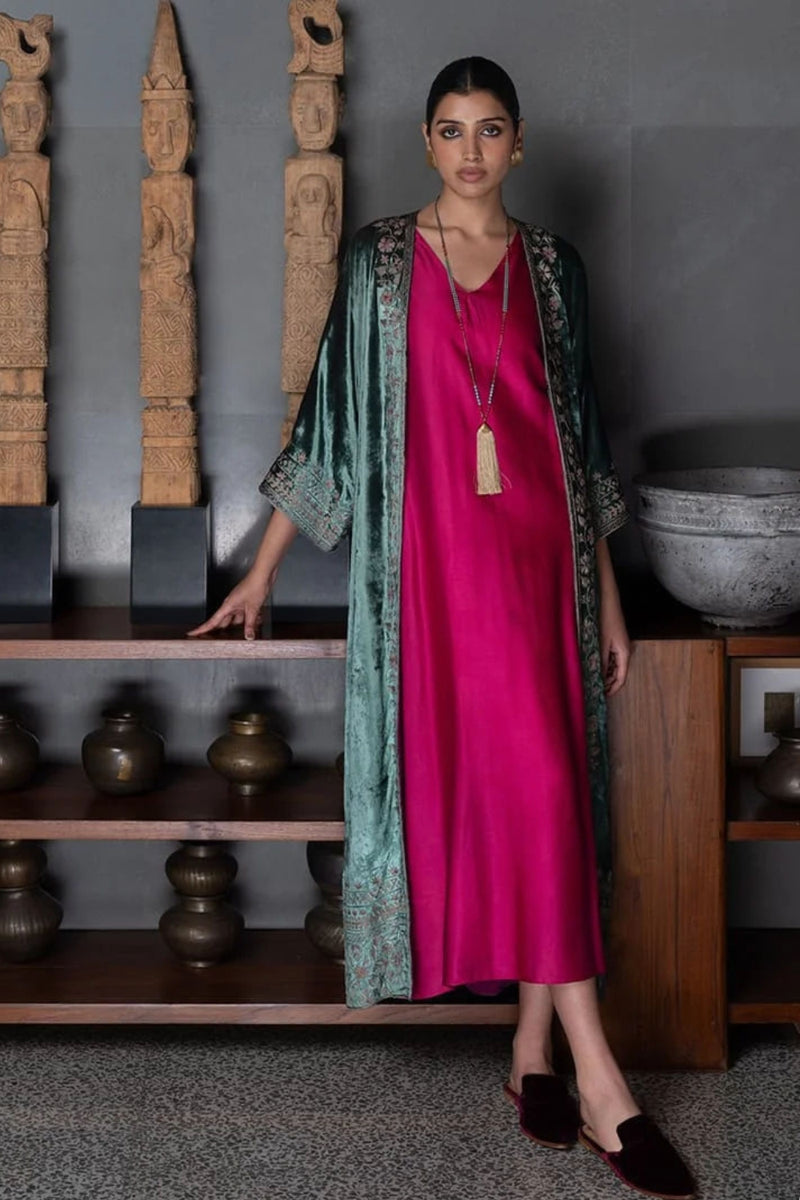 ‘Gul Mehar’ aquamarine silk velvet overlay moroccan floral bel embroidery silk velvet kurta/kurta set by Malika Mathur in light blue for women in Singapore