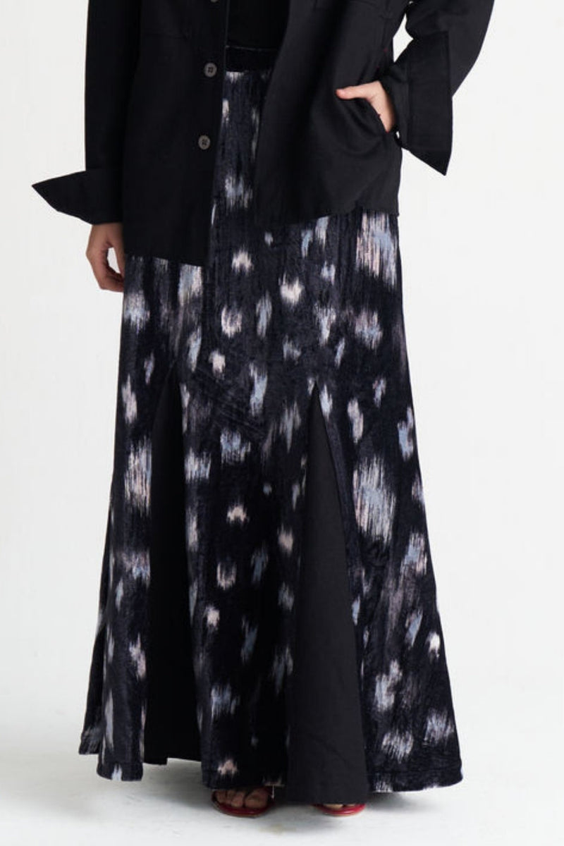 Ikat Print Velvet Circular Skirt-Black Ikat Print velvet skirt by THREE in black for women in Singapore