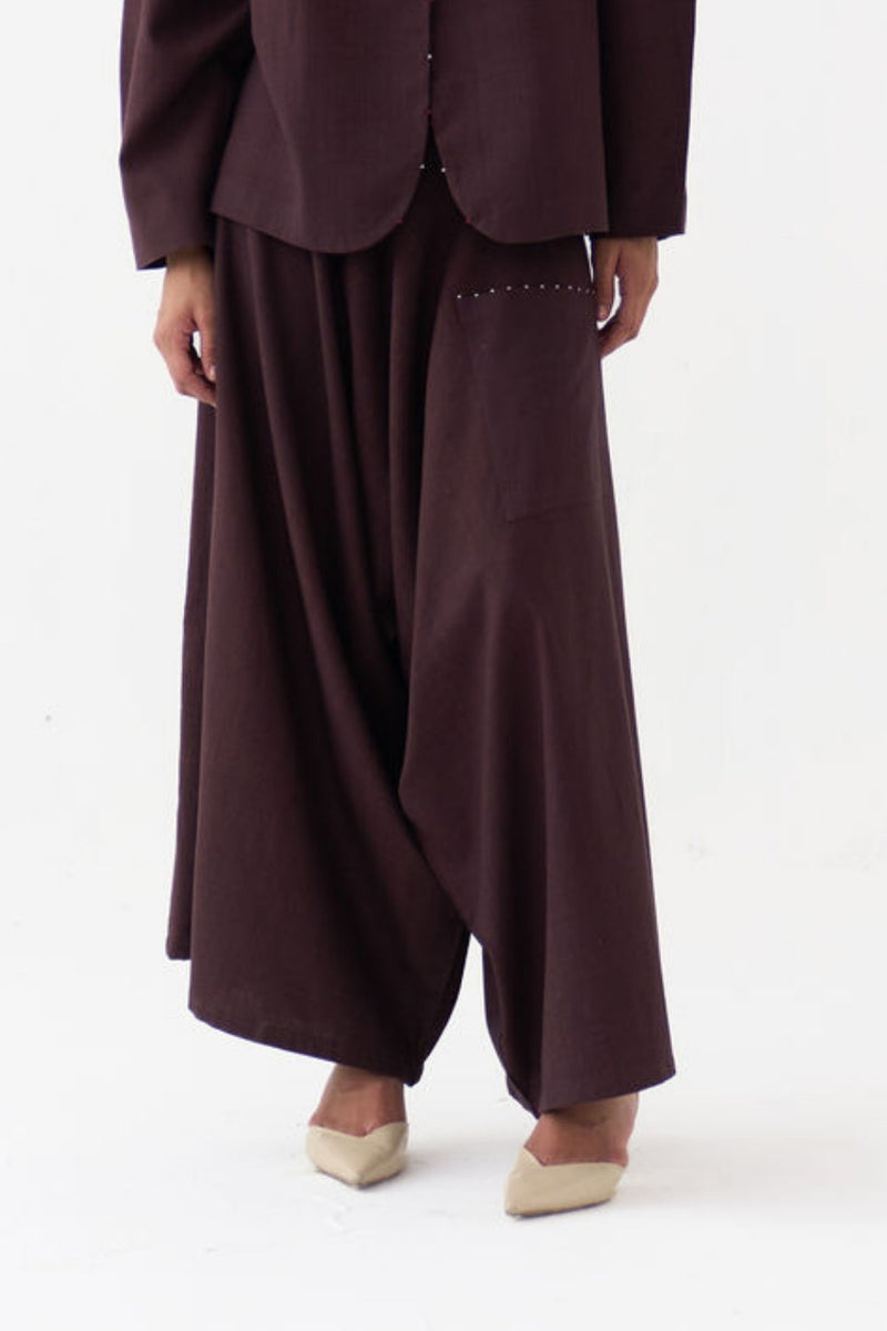 Drop Crotch Pant-Dark Brown handwoven cotton pant/trouser by THREE in brown for women in Singapore