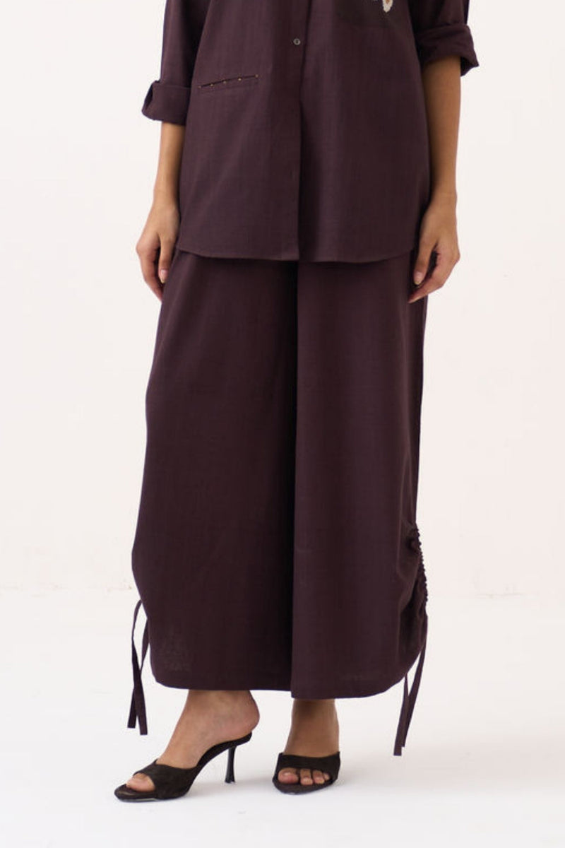 Drawstring Bottom-Dark Brown handwoven cotton pant/trouser by THREE in brown for women in Singapore
