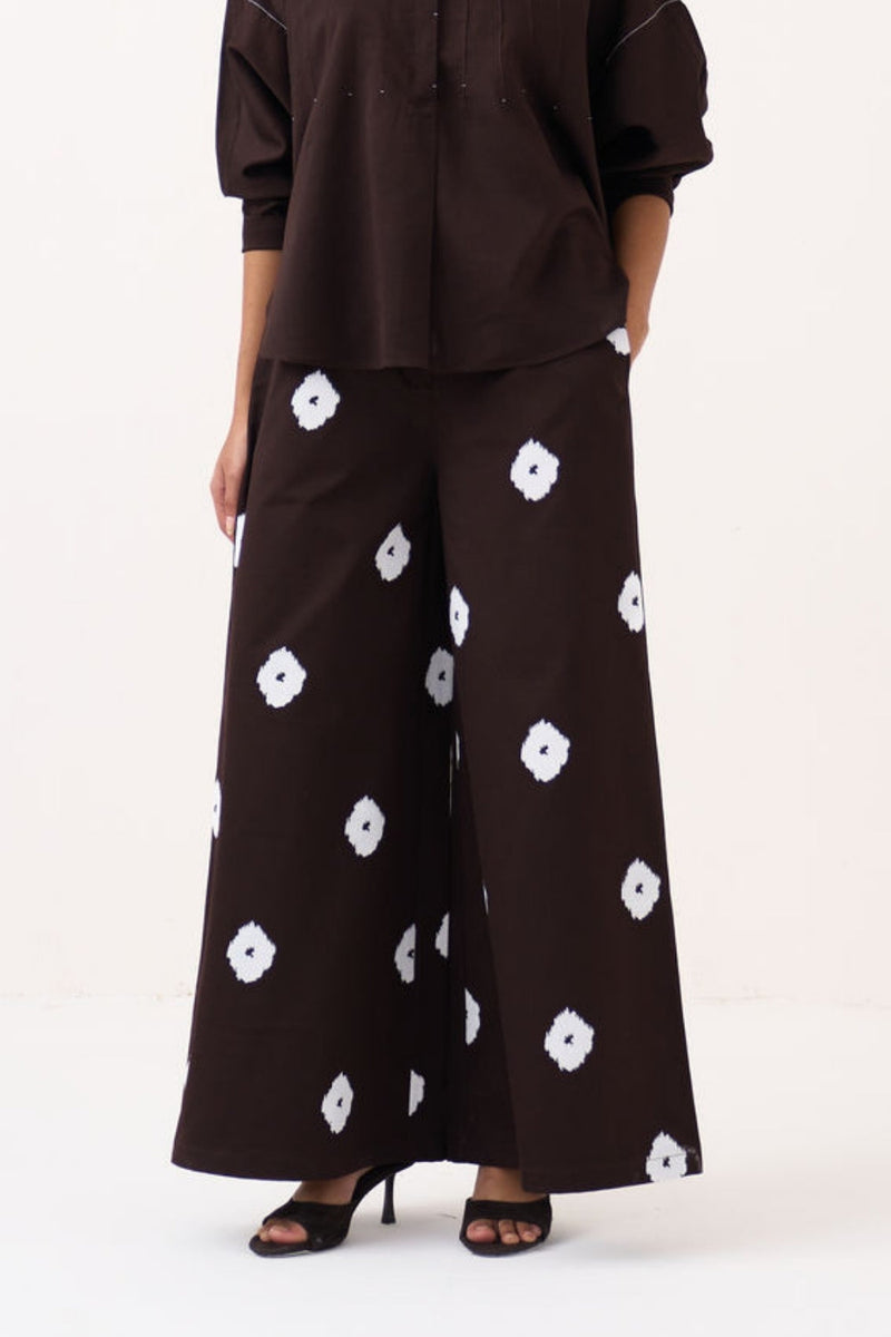 Hand Block Print Bottom-Dark Brown hard cotton twill pant/trouser by THREE in brown for women in Singapore