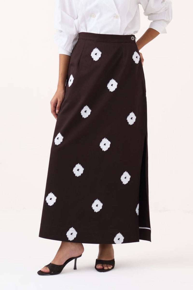 Hand Block Print Skirt-Dark Brown hard cotton twill skirt by THREE in brown for women in Singapore