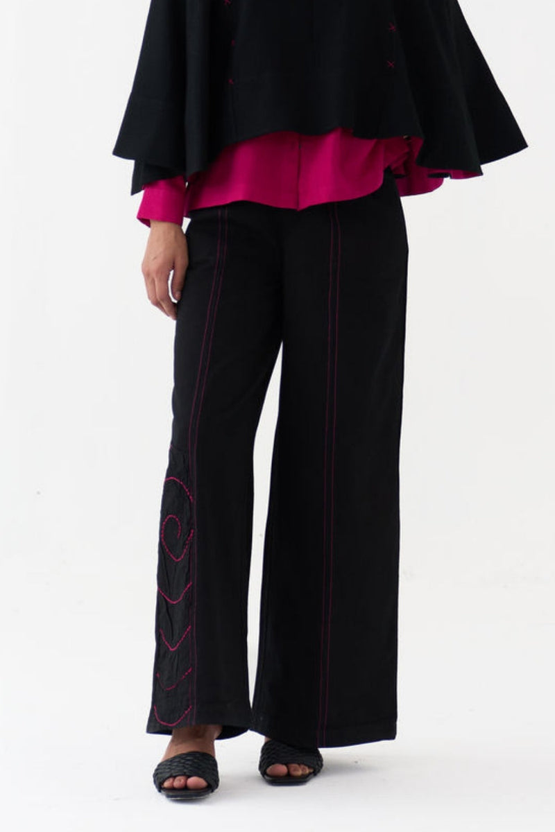 Ripple Emb. Bottom-Black denim pant/trouser by THREE in black for women in Singapore