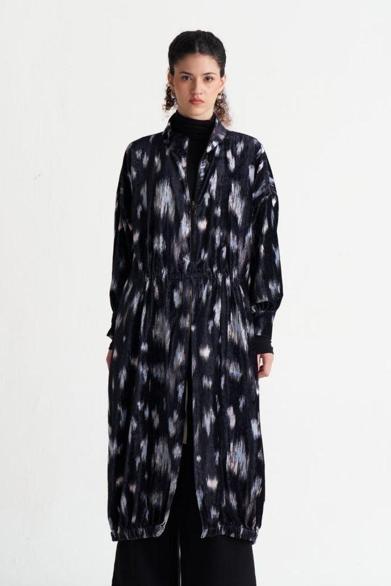 Ikat Print Velvet Drawstring Tunic-Black Ikat Print velvet tunics and kaftans by THREE in black for women in Singapore
