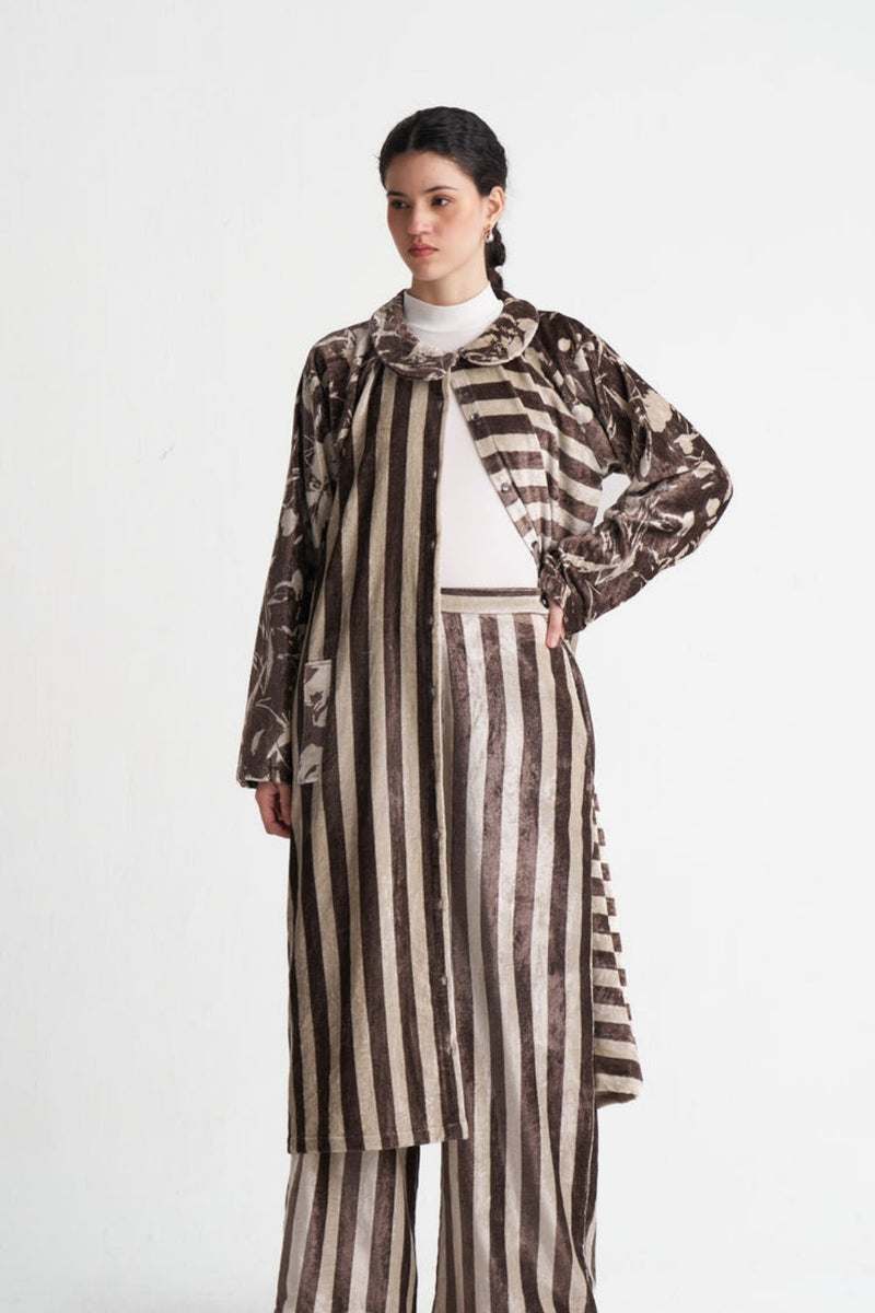 Contrast Stripe Tunic-Umber Floral + Umber Stripe velvet tunics and kaftans by THREE in brown for women in Singapore