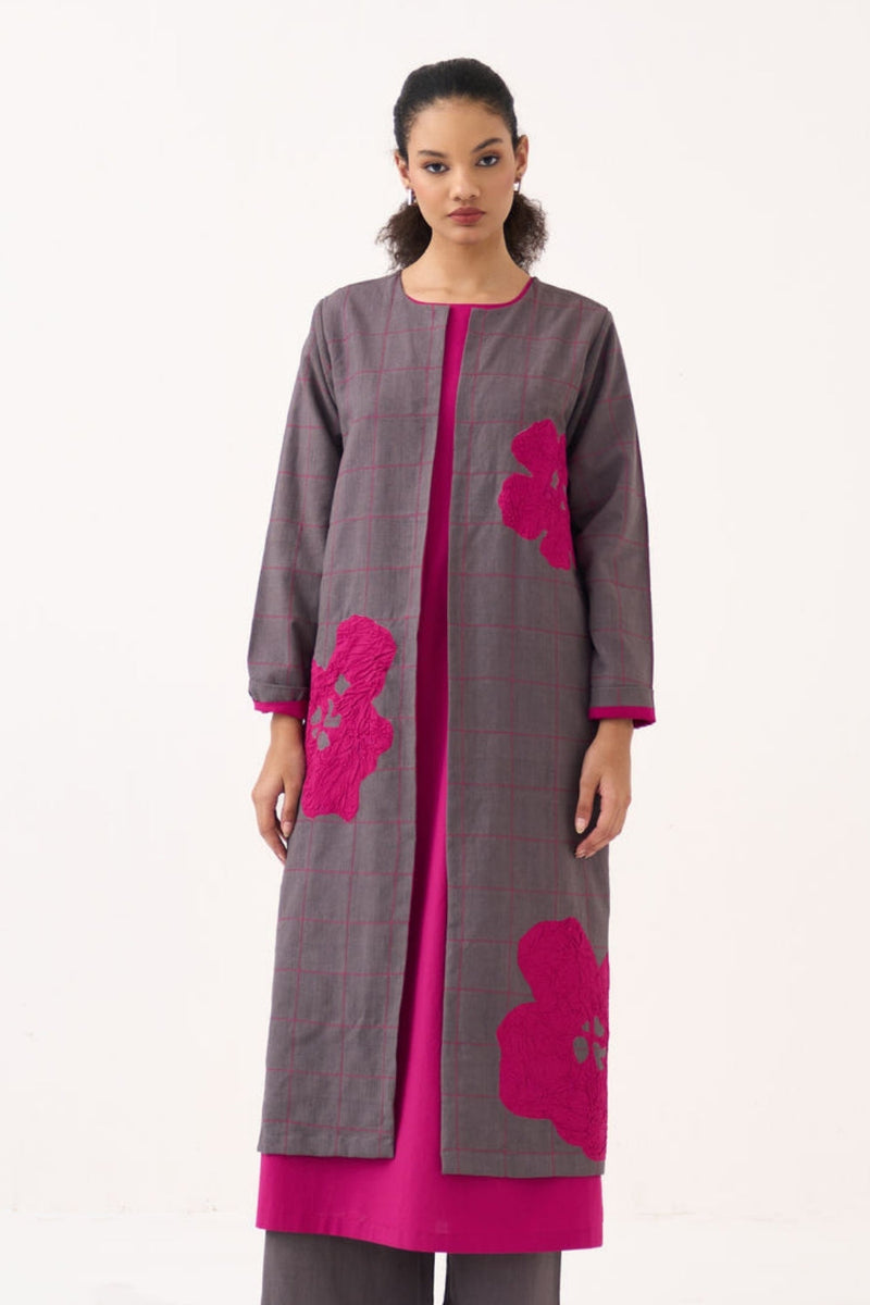 All Over Embroidery Overlay-Grey handwoven cotton jacket/overlay by THREE in grey for women in Singapore
