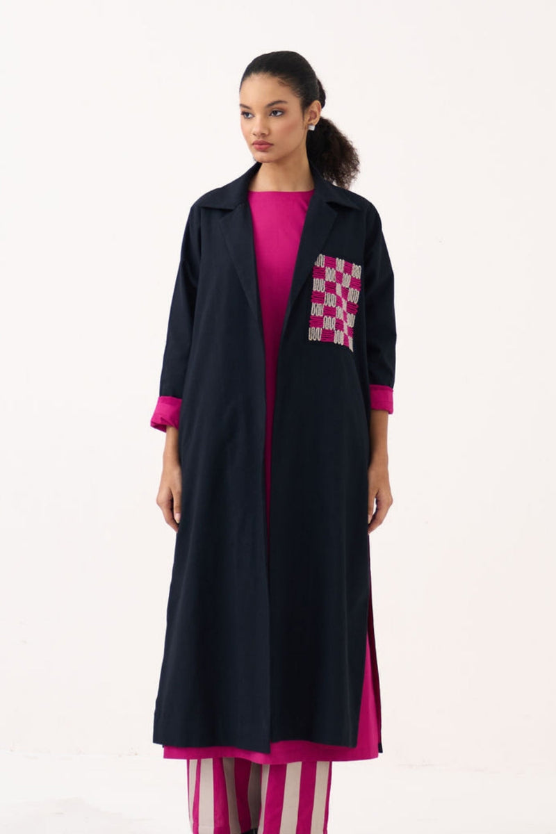 Check Patch Overlay-Black handwoven cotton jacket/overlay by THREE in black for women in Singapore