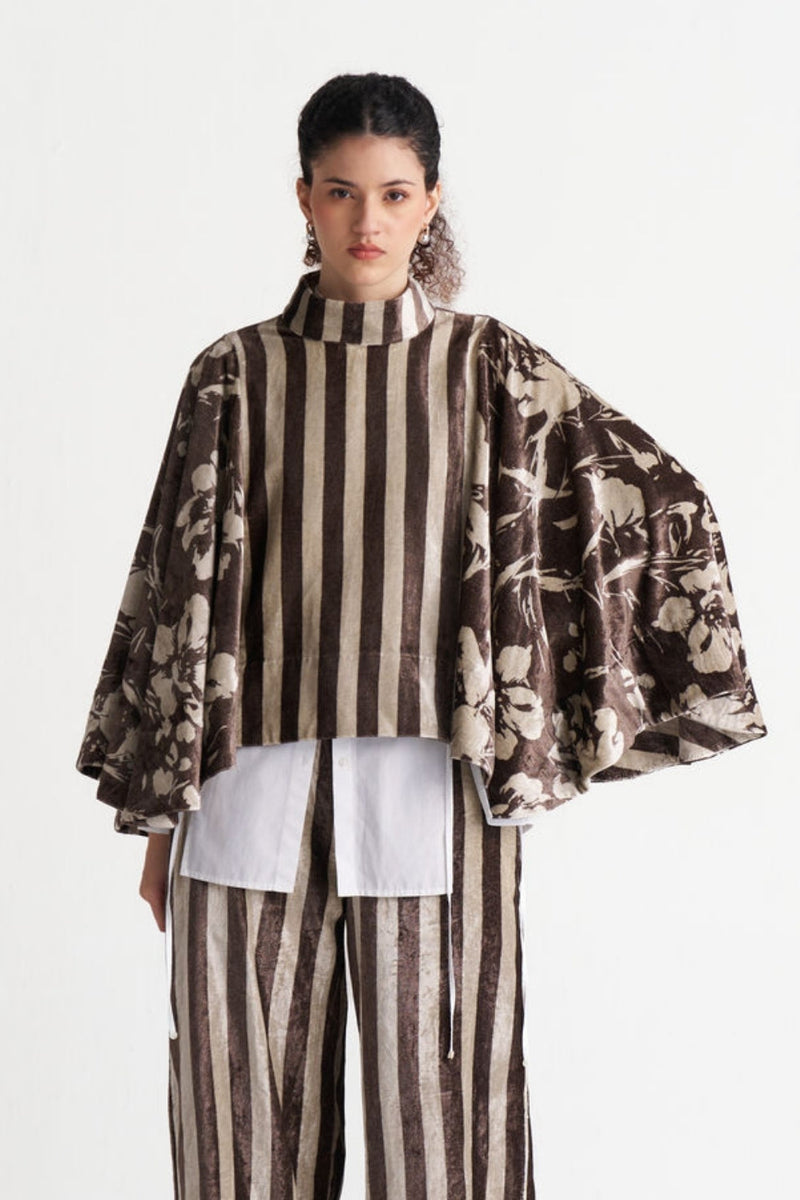 Velvet Poncho (Including Shirt)-Umber Floral + Umber Stripe velvet jacket/overlay by THREE in brown for women in Singapore