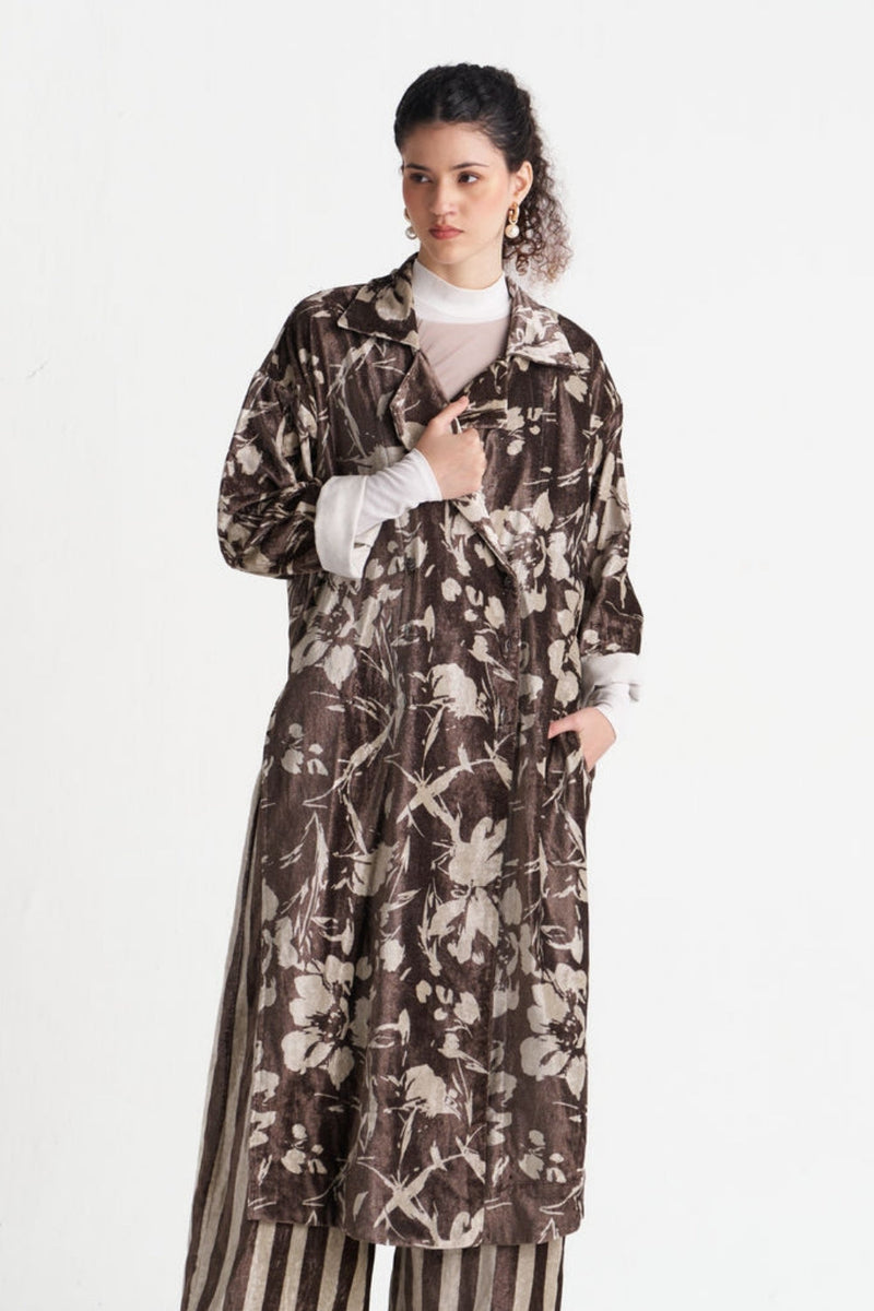 Velvet Floral Overlap Kaftan-Umber Floral velvet jacket/overlay by THREE in brown for women in Singapore