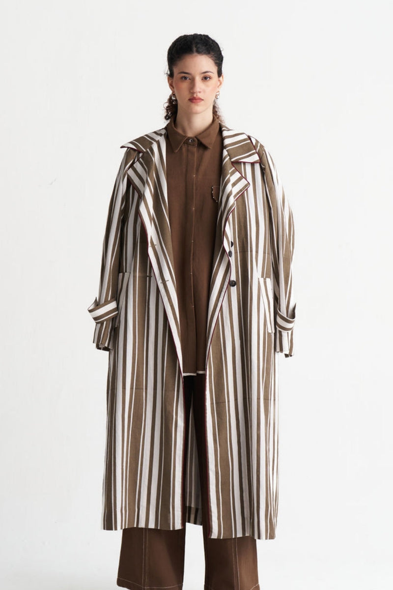 Striped Trench-Umber Stripe textured cotton jacket/overlay by THREE in brown for women in Singapore