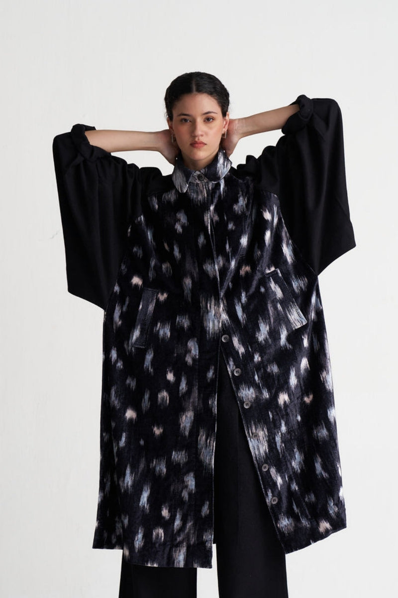 Ikat Print Bat Sleeve Jacket-Black Ikat Print velvet jacket/overlay by THREE in black for women in Singapore