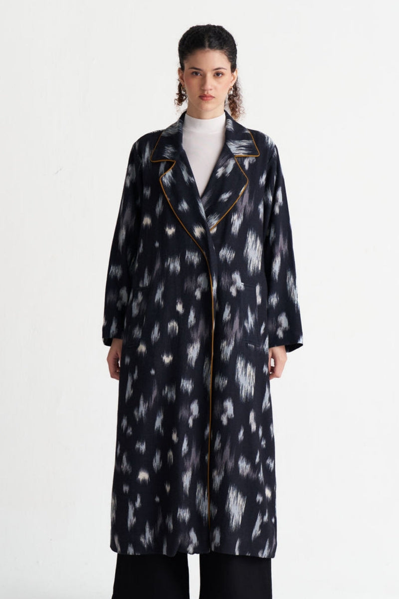 Ikat Print Woollen Trench-Black Ikat Print wool jacket/overlay by THREE in black for women in Singapore