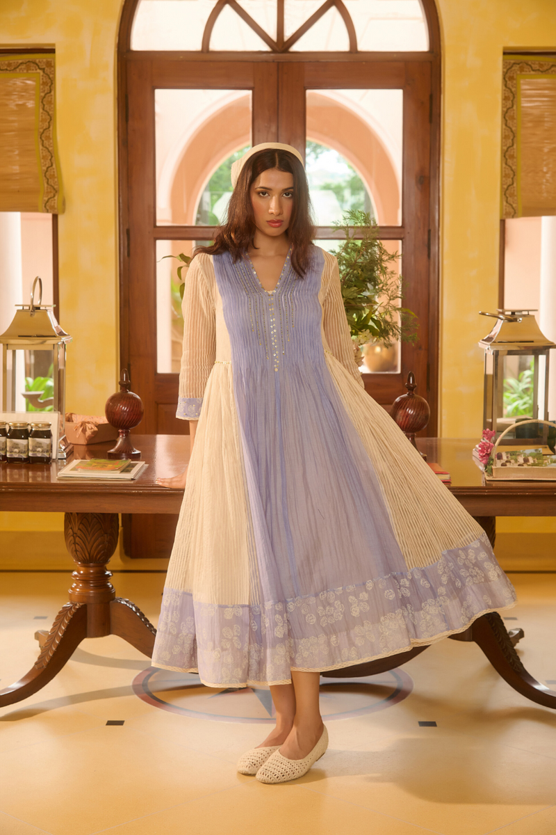 EDNA DRESS-BLUE & IVORY chanderi by SWATTI KAPOOR in multi color for women in Singapore