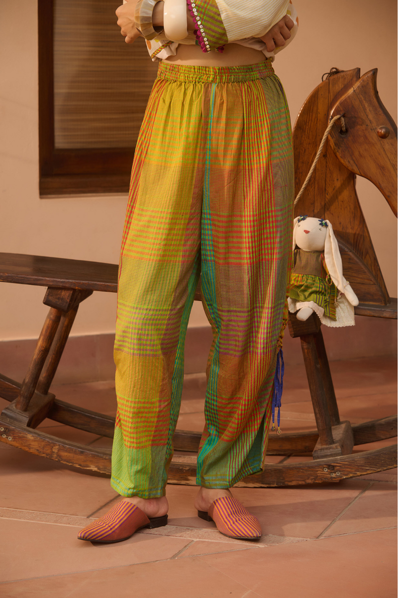 TEX PANT-MULTICOLOR GREEN CHECK silk by SWATTI KAPOOR in multi color for women in Singapore