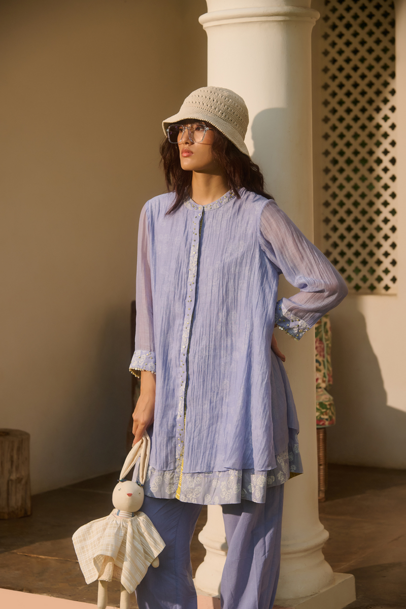 MOLLY DRESS-BLUE chanderi by SWATTI KAPOOR in blue color for women in Singapore