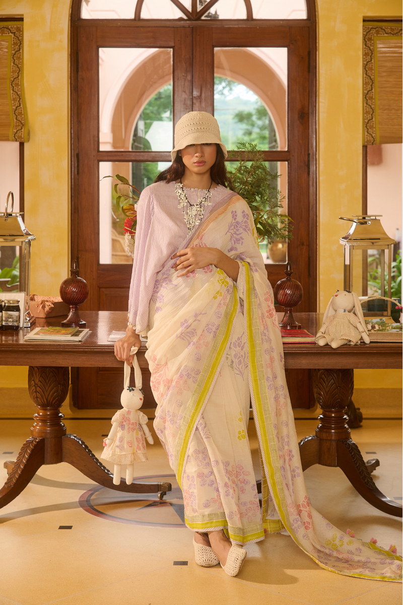 HAILEE SARI-IVORY chanderi by SWATTI KAPOOR in ivory color for women in Singapore
