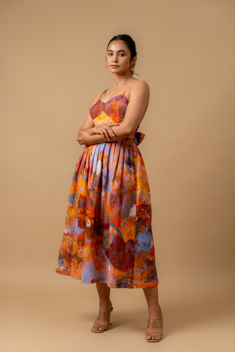 Mary printed dress-Rust organic cotton gauge by Doodlage in multi color for women in Singapore