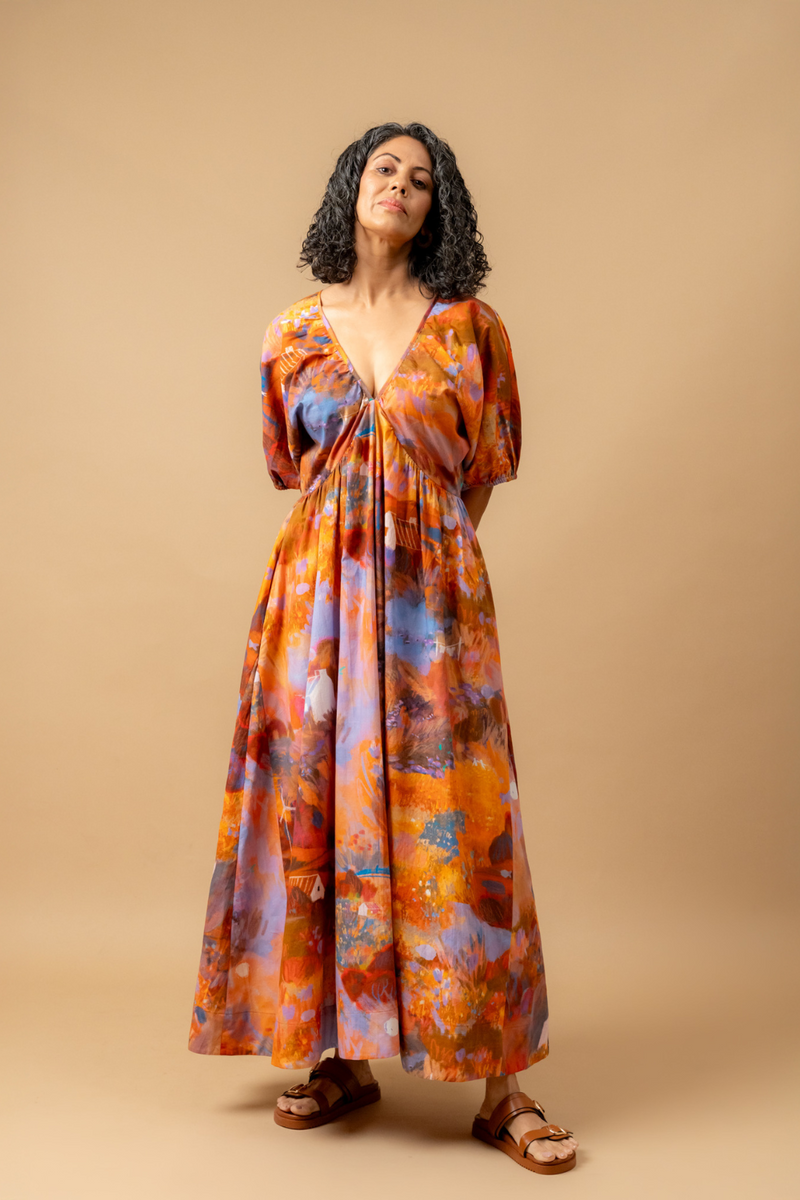 Dewbell printed dress organic cotton gauge by Doodlage in multi color for women in Singapore