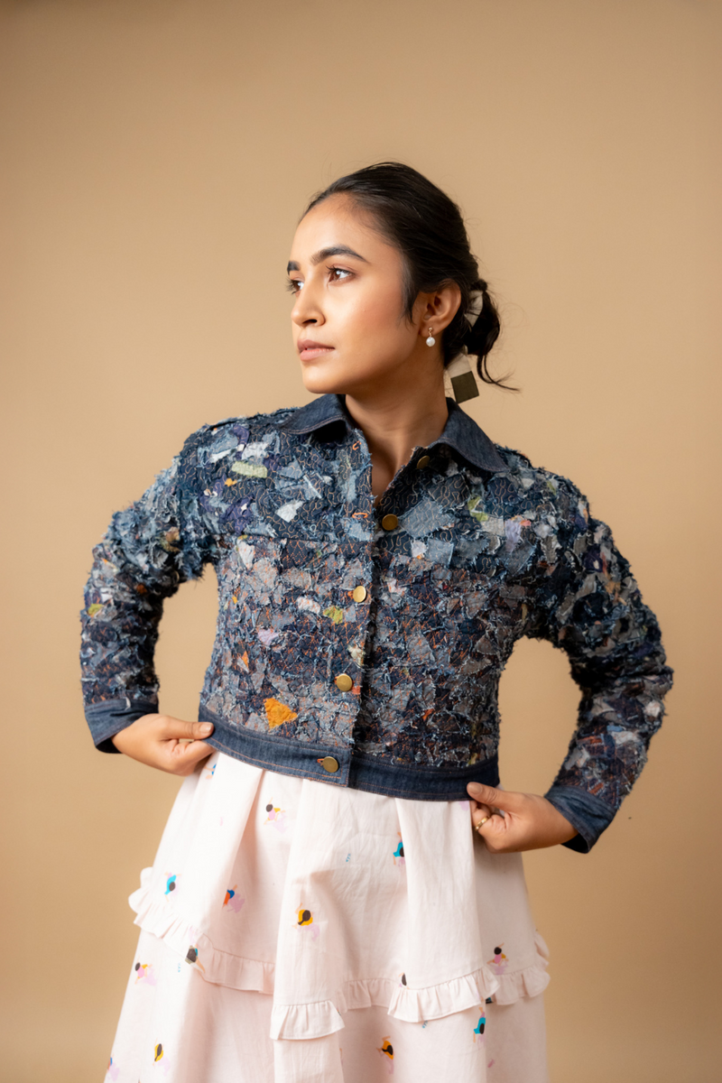 June denim textured jacket by Doodlage in navy color for women in Singapore