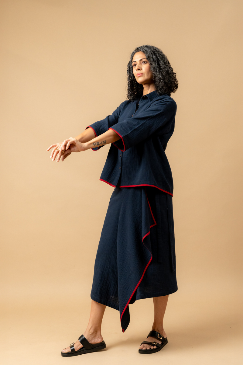 SHIRIN BLUE ORGANIC COTTON SKIRT organic cotton gauge by Doodlage in navy color for women in Singapore