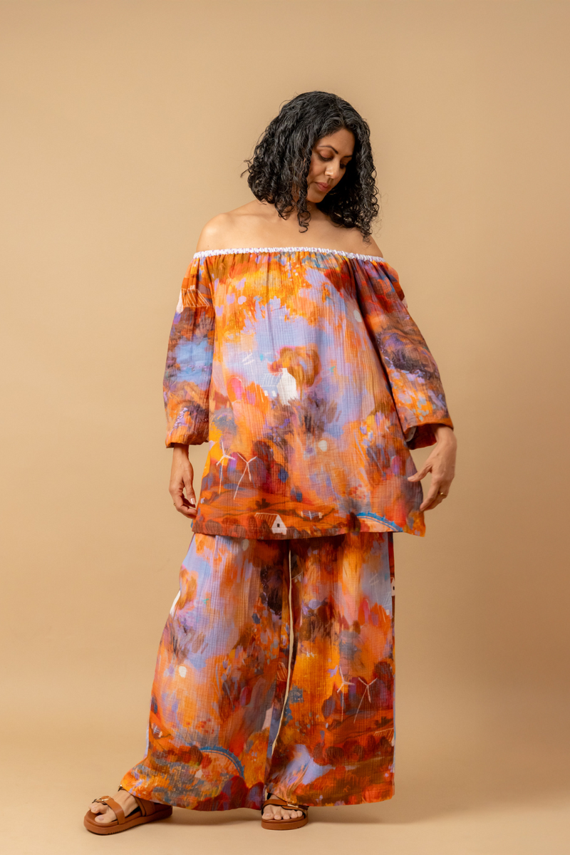 Firefly flicker printed pants organic cotton gauge by Doodlage in multi color for women in Singapore