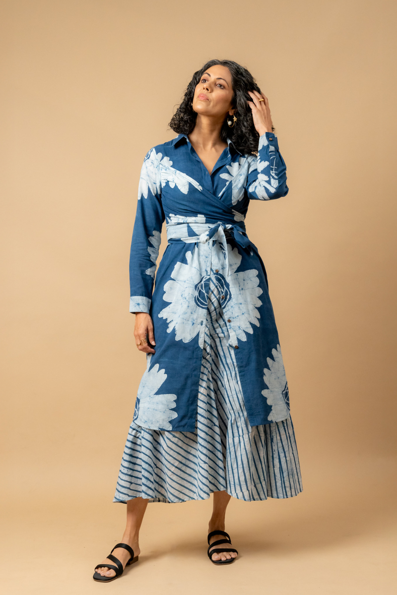 Thea batik flower dress by Doodlage in blue color for women in Singapore