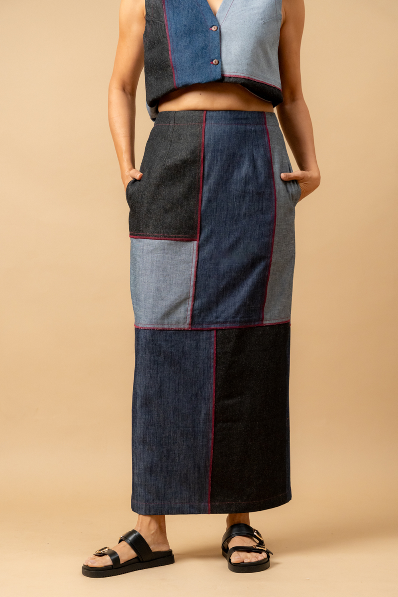 Abby denim patch skirt by Doodlage in navy color for women in Singapore