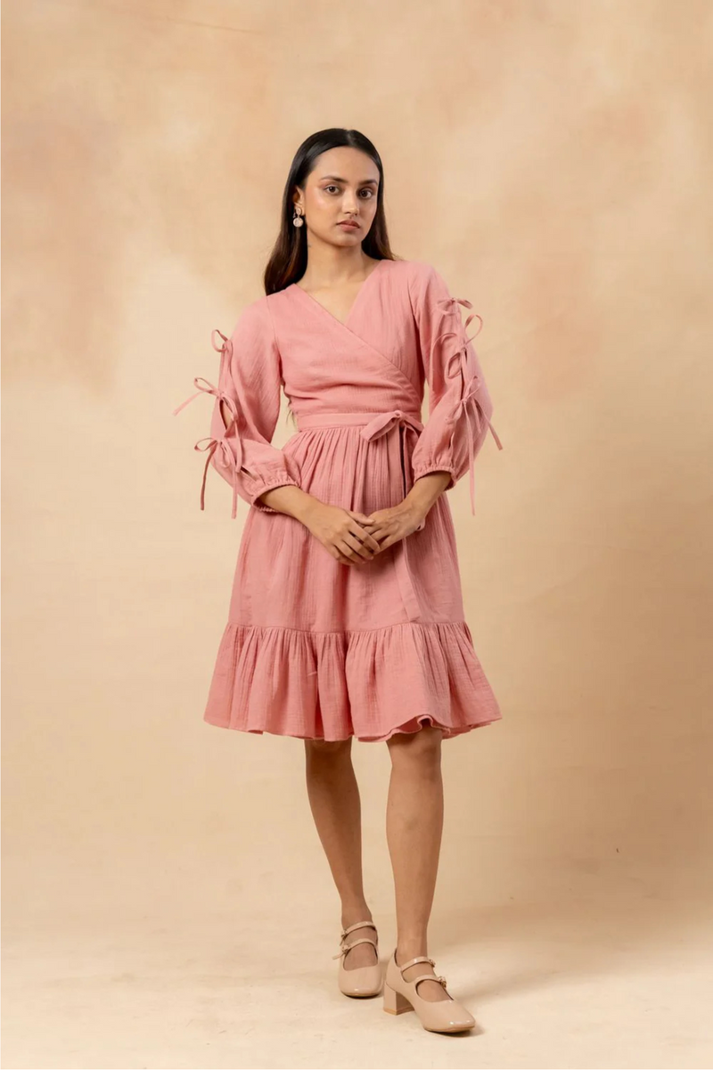 Petal Belted Dress organic cotton gauge by Doodlage in pink color for women in Singapore