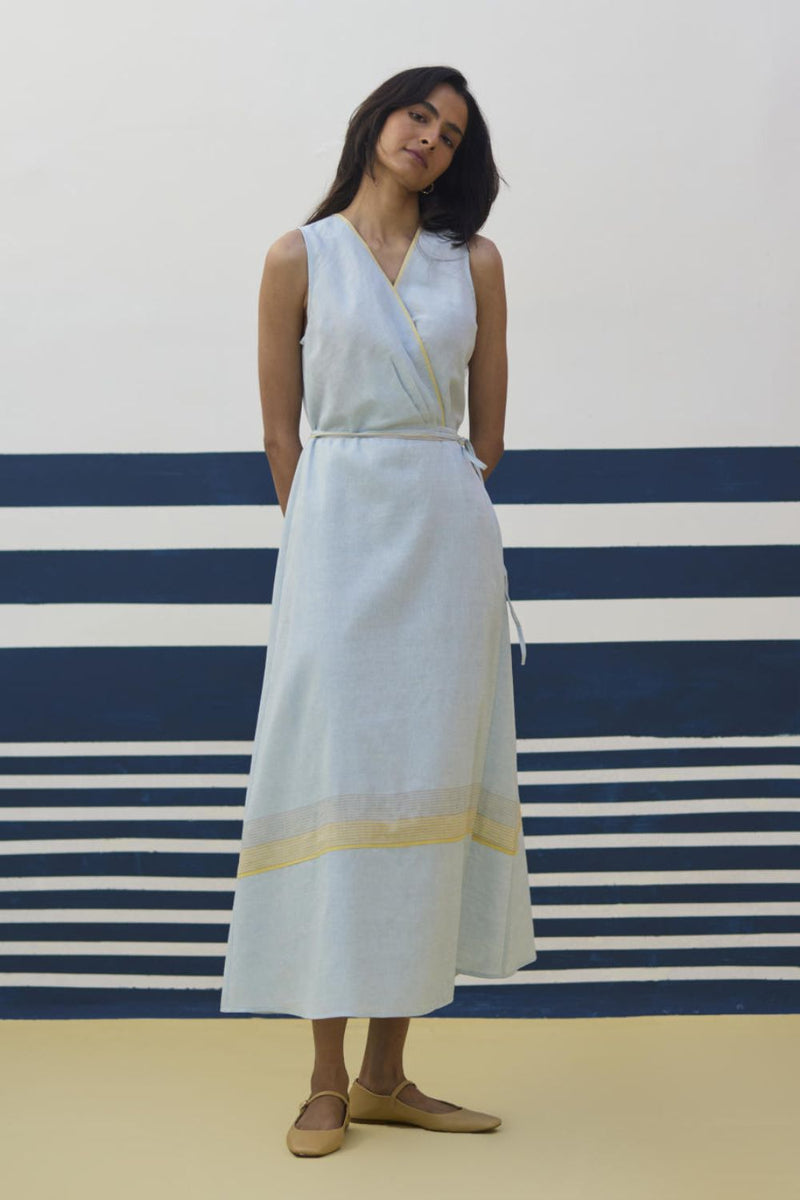 Ava Border Linen Wrap Dress
- Sky linen by Manan in blue color for women in Singapore