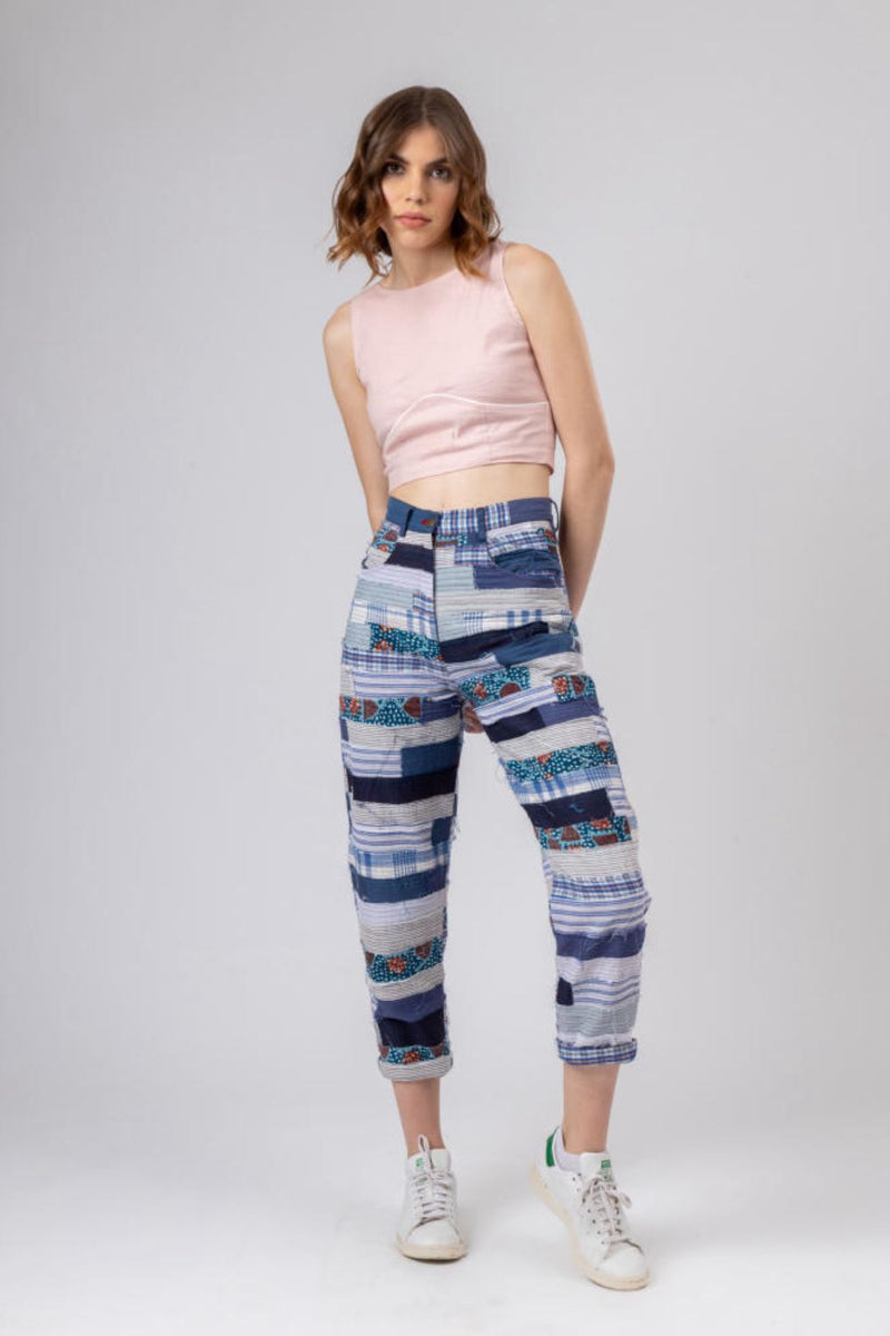JUNE PATCH WORK PANTS by Doodlage in blue color for women in Singapore