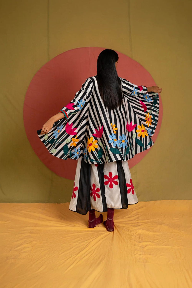 Mali Long Simp Jacket-Black and Multicolour chanderi jacket/overlay by Ka-Sha in multicolor for women in Singapore